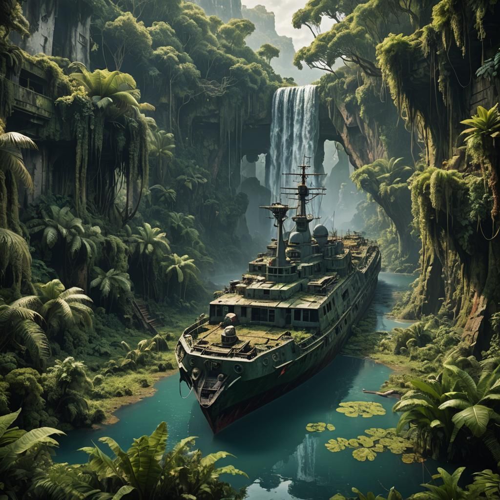 Jungle Overrun Military Ship at Waterfall Lake