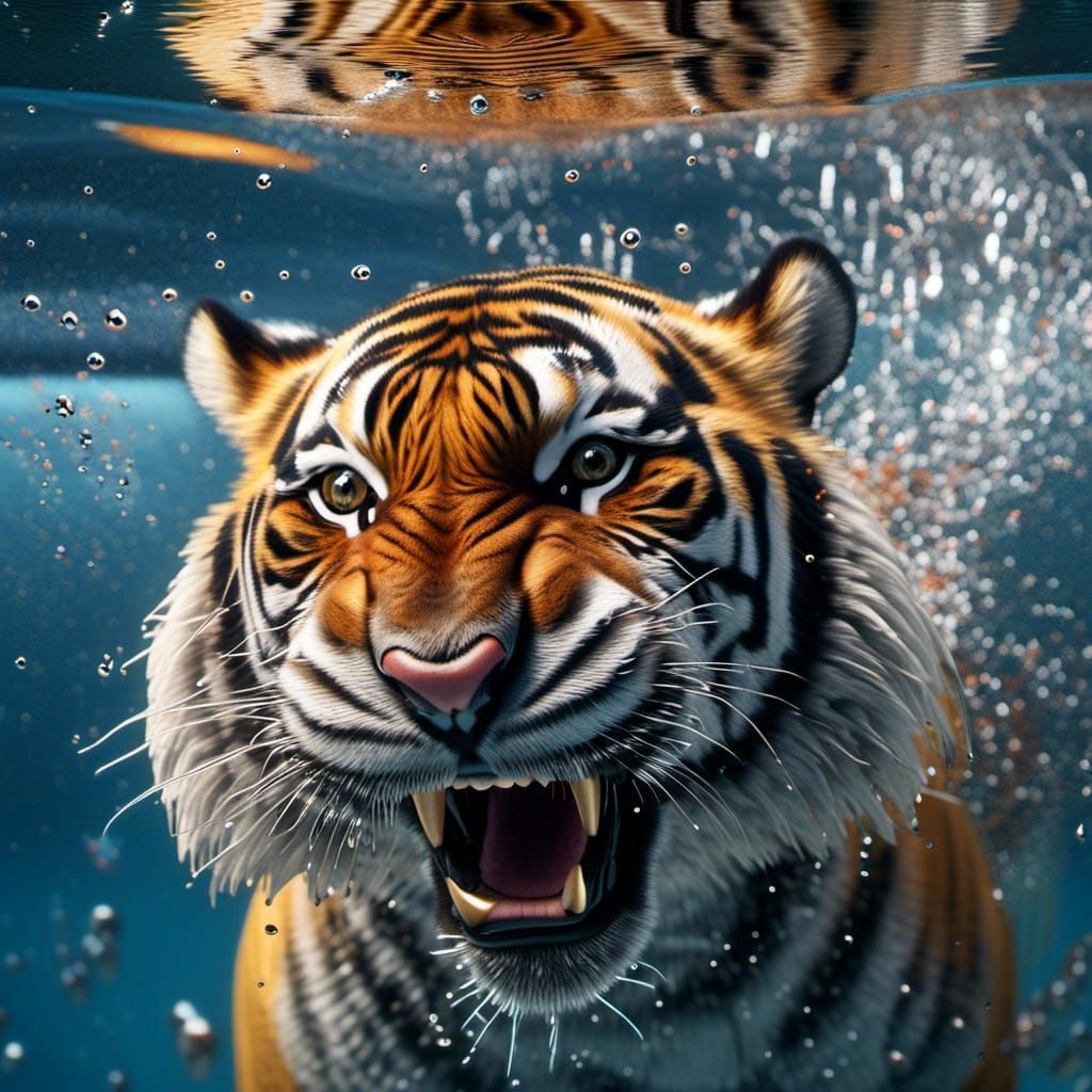 Siberian Tiger Underwater: Hyperrealistic Snarling Portrait