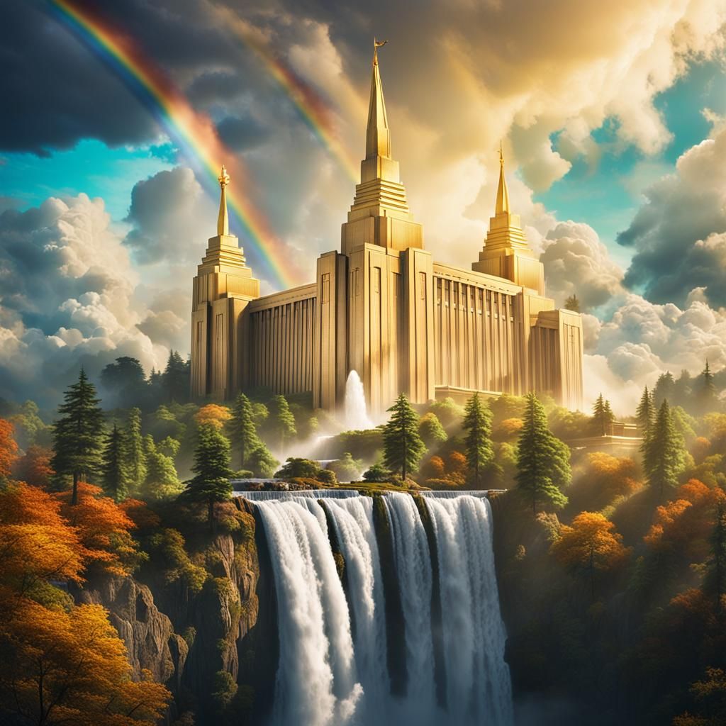 Golden Cloud City with Rainbow Waterfalls