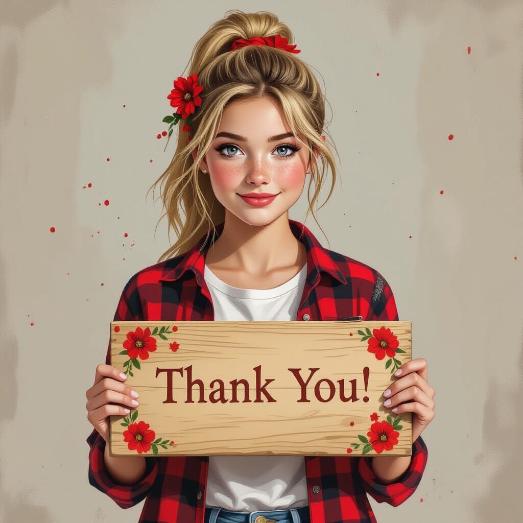Teenage Girl Holding Thank You Sign: Fantasy Concept Art