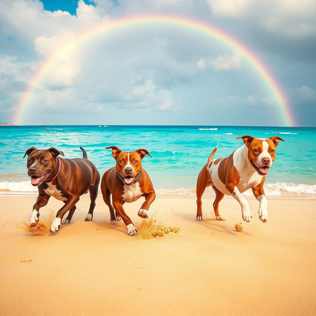 Pitbulls Frolic on a Rainbow Beach in High Resolution