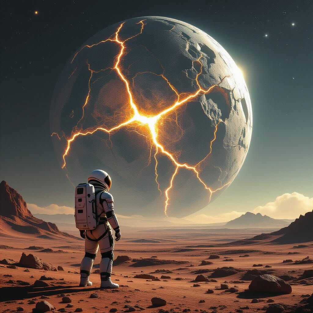 Astronaut Gazes at Giant Crystalline Planetoid in Hyperreali...