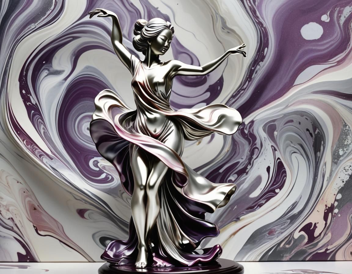 Silver and Mulberry Dancing Woman in Suminagashi Style