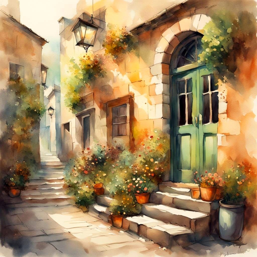Rustic Village Street Scene in Watercolor Style