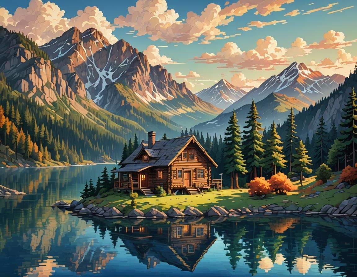 Fantastical Pixel Art Landscape at Sunset
