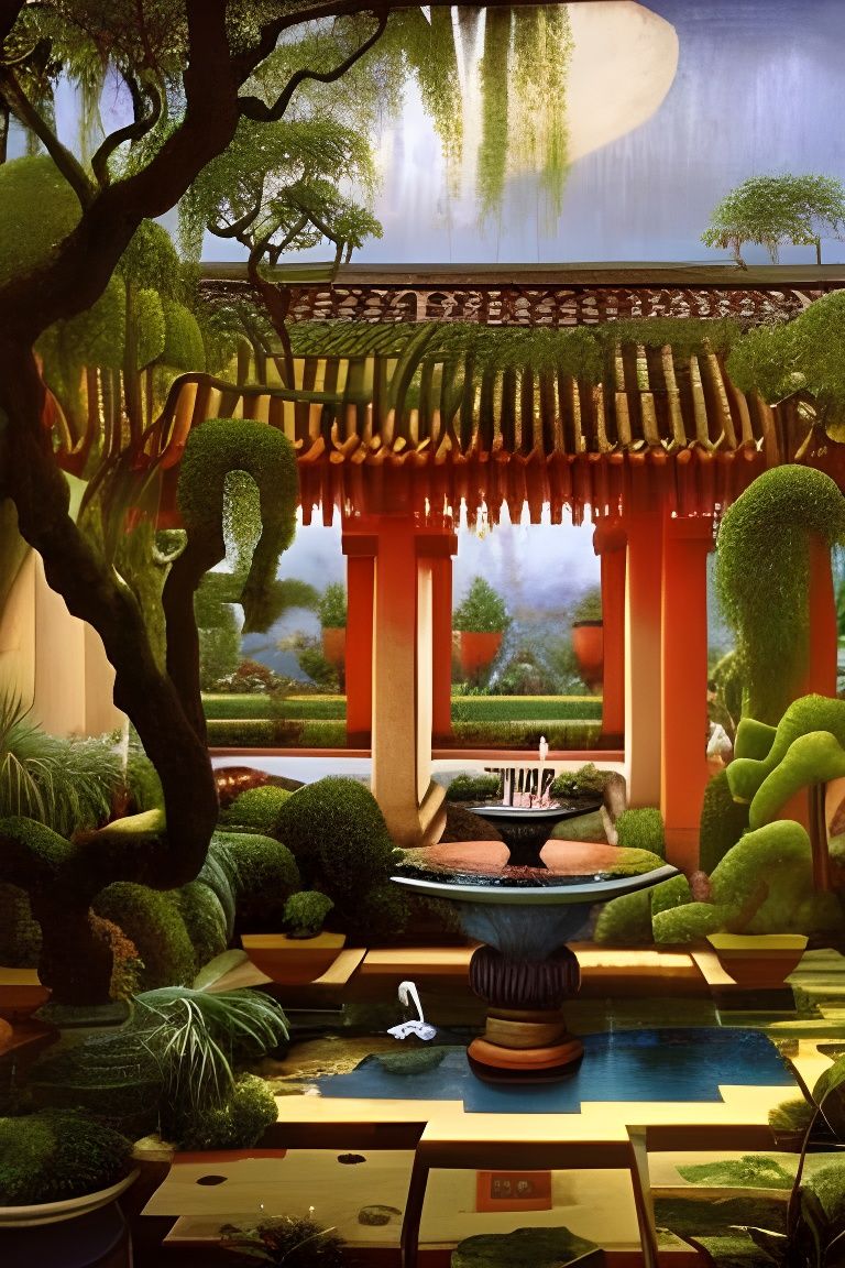 Ornate Feng Shui Courtyard with Exotic Flowers