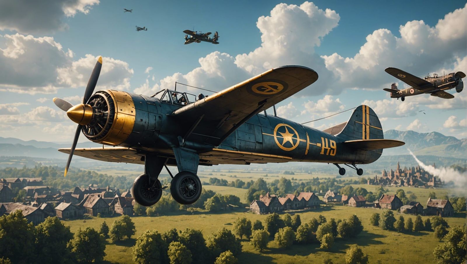 Steampunk WWII Plane Over Battlefield: Detailed Matte Painti...