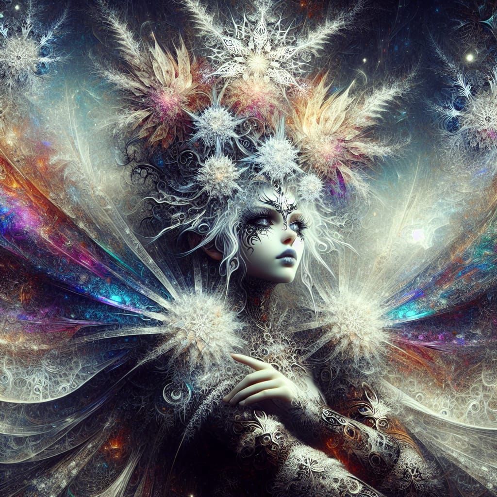 Gothic Botanical Fairy Princess with Intricate Snowflake Hai...
