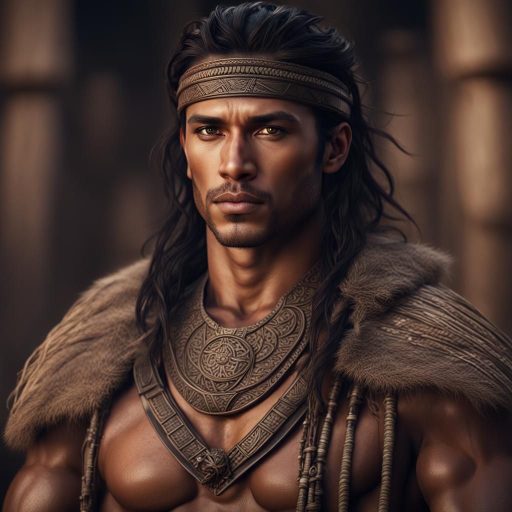 Handsome Tribal Warrior Portrait in Hyperrealistic Style