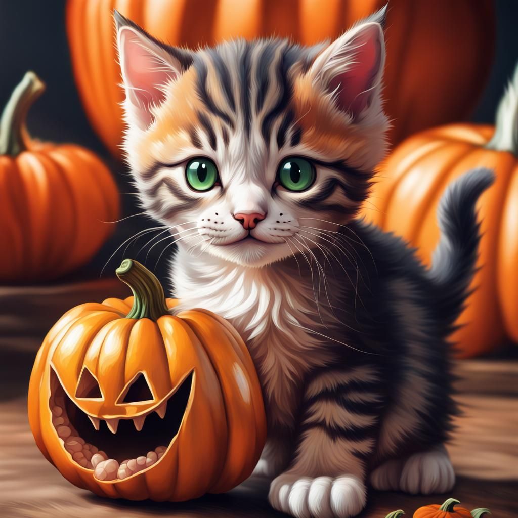 Cute Kitten Inside a Colorful Pumpkin