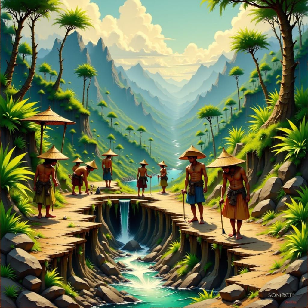 Menehune Craftsmen Build Aqueduct in Traditional Hawaiian La...