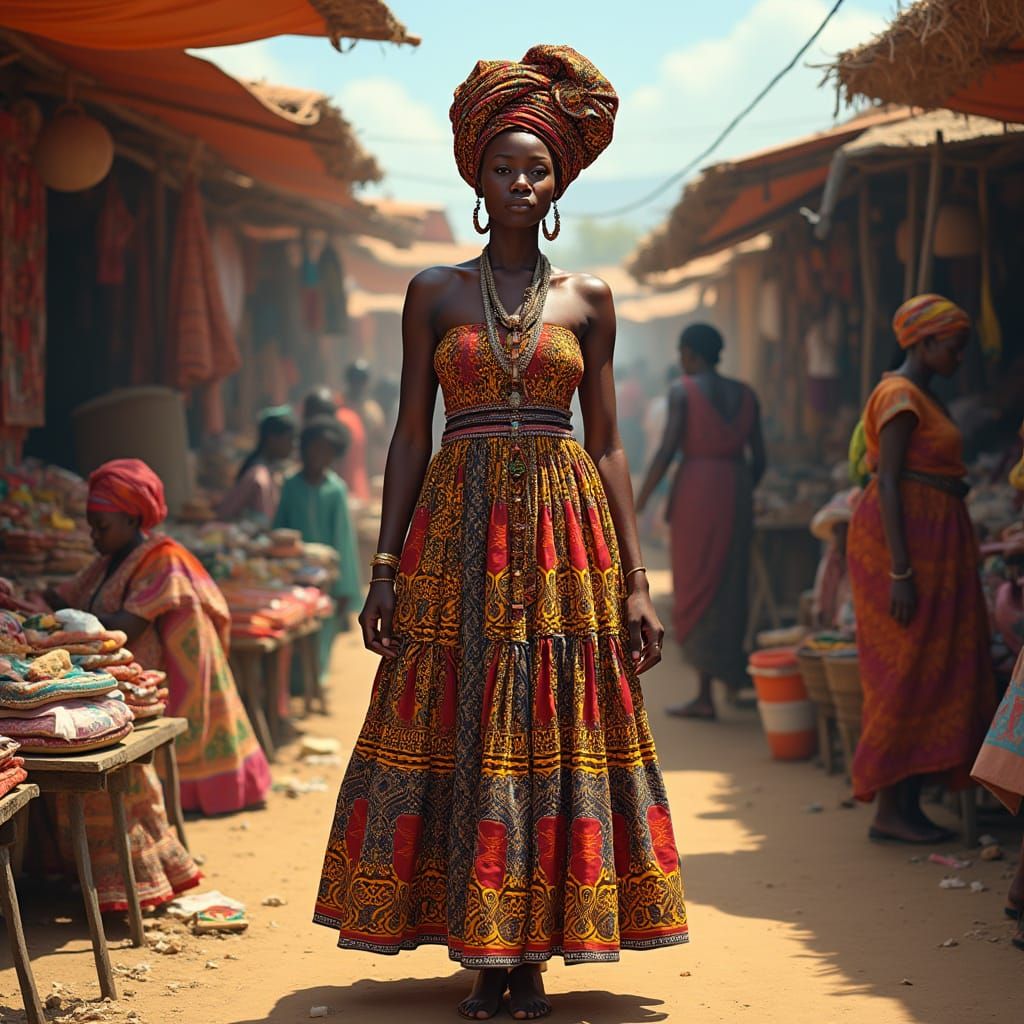 African Queen in Vibrant Marketplace Scene