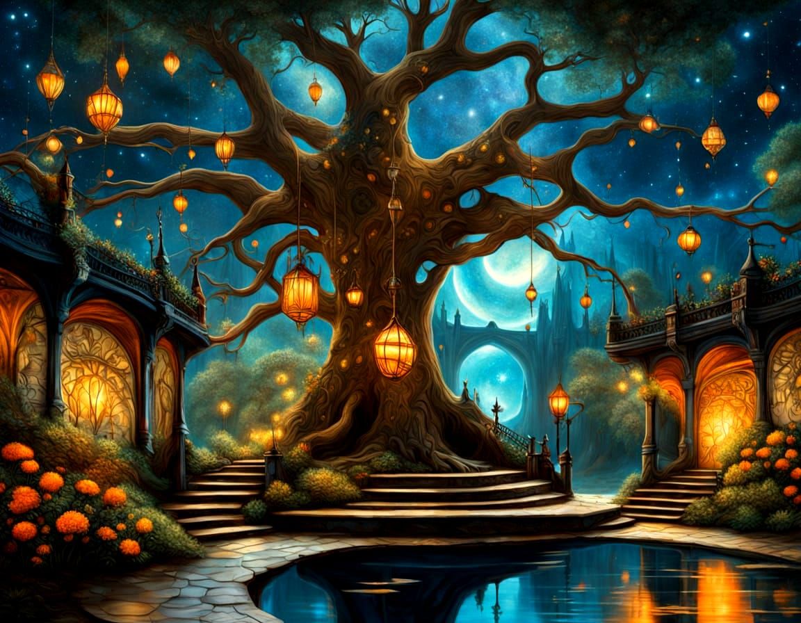 Ancient Biomechanical Tree Tavern Under Cosmic Sky