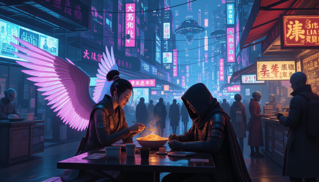 Cyberpunk Alien Market: Meal Shared by Winged Vendor