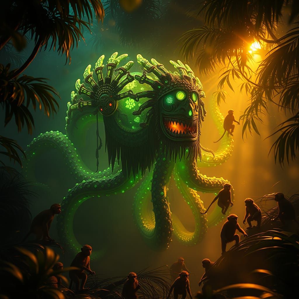 Bioluminescent Kraken Drifting Through Jungle, Hyperrealisti...