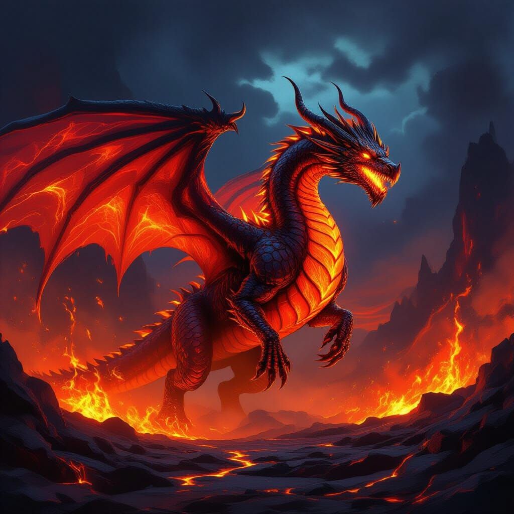Majestic Lava Dragon Soaring Through Volcanic Landscape