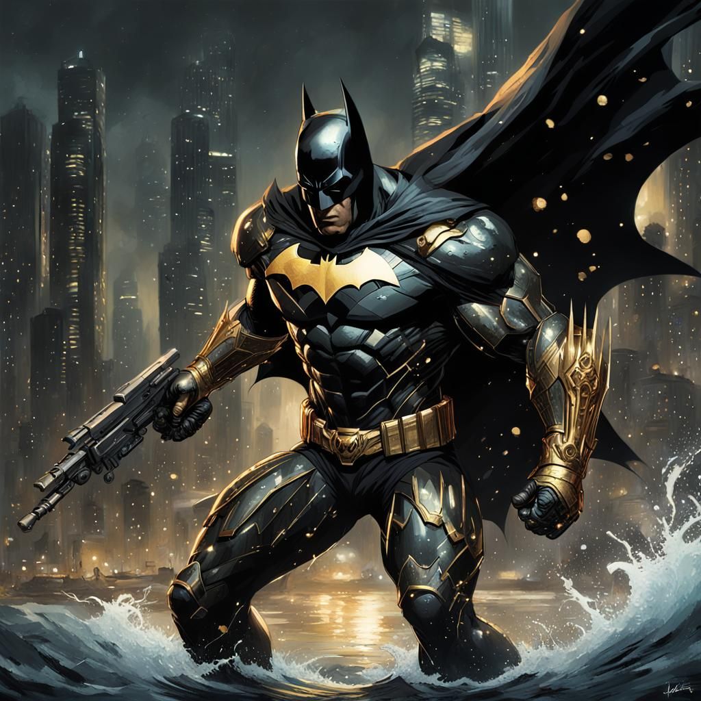 Black Batman Rising with Futuristic Rifle