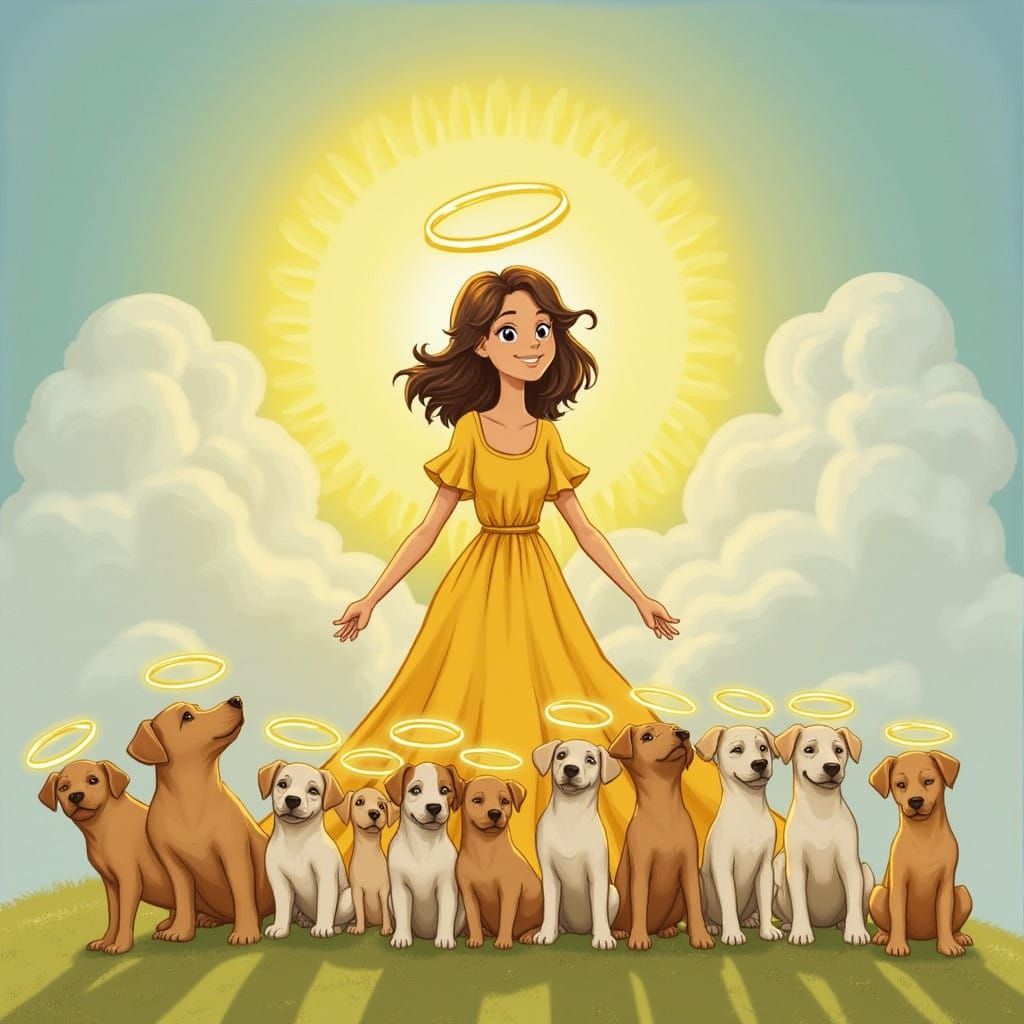 11 Puppies with Celestial Halos in a Blue Sky
