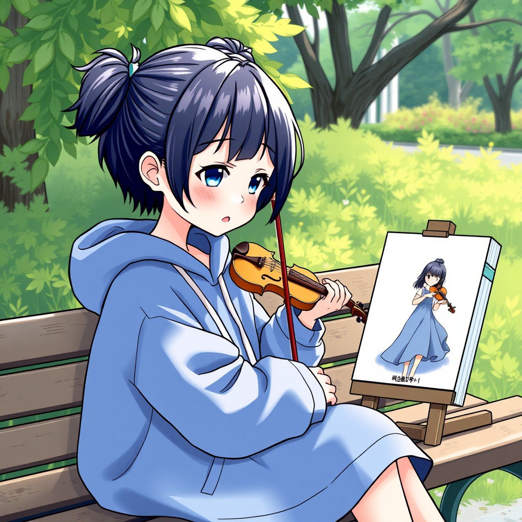 Chibi Woman Painting Elegant Self Portrait, Manga Style