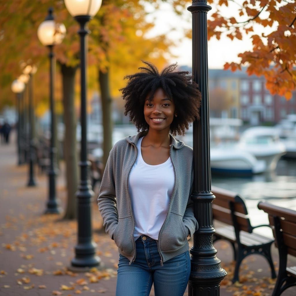 African American Woman in Autumn Park at Golden Hour