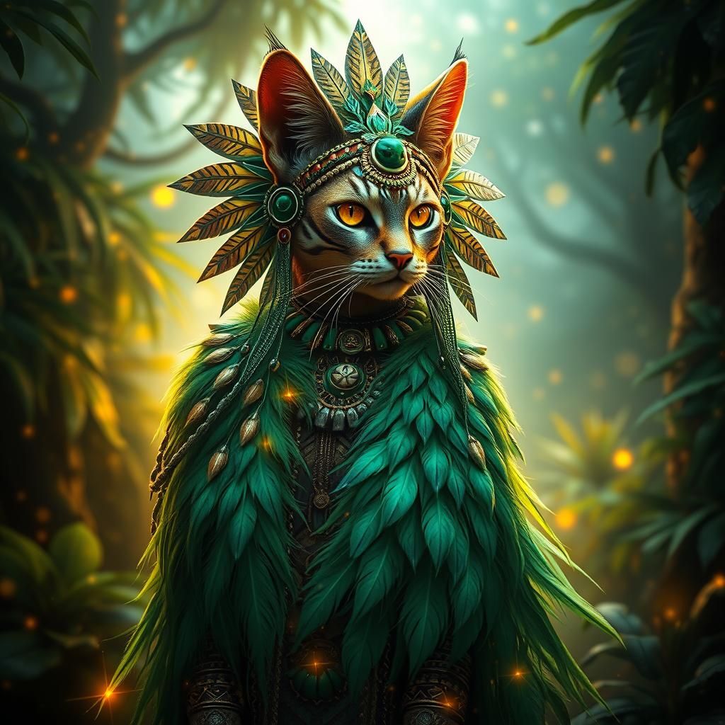Aztec Cat-Woman in Dreamlike Forest