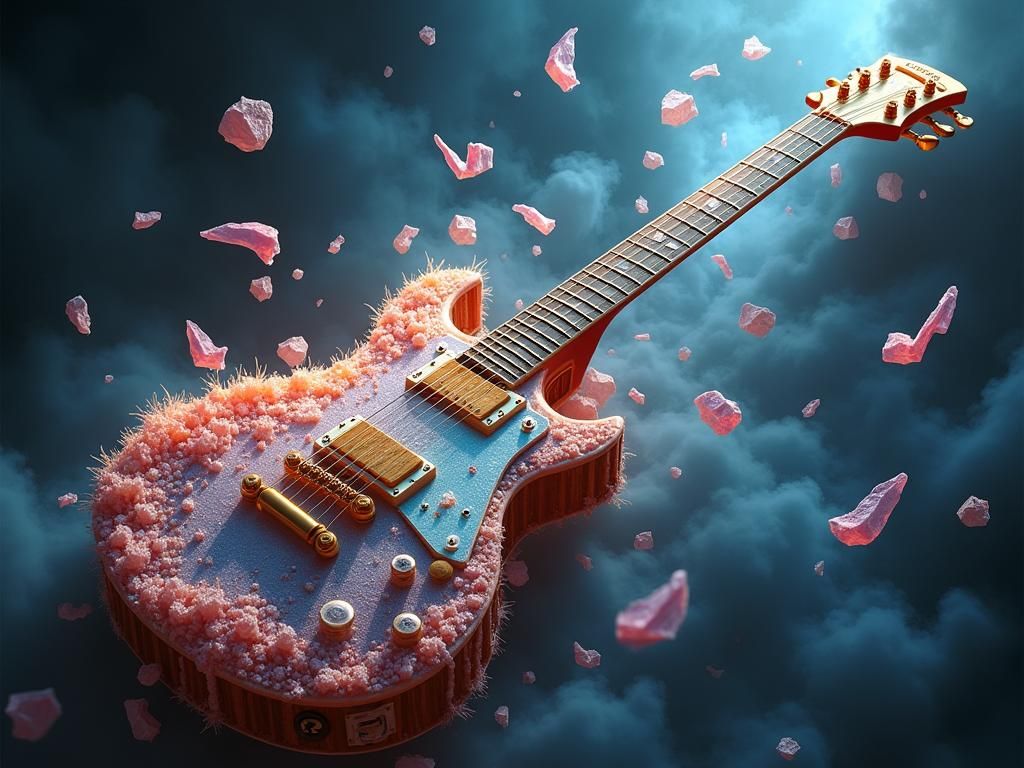 Electric Guitar Surrounded by Crystalline Music Notes