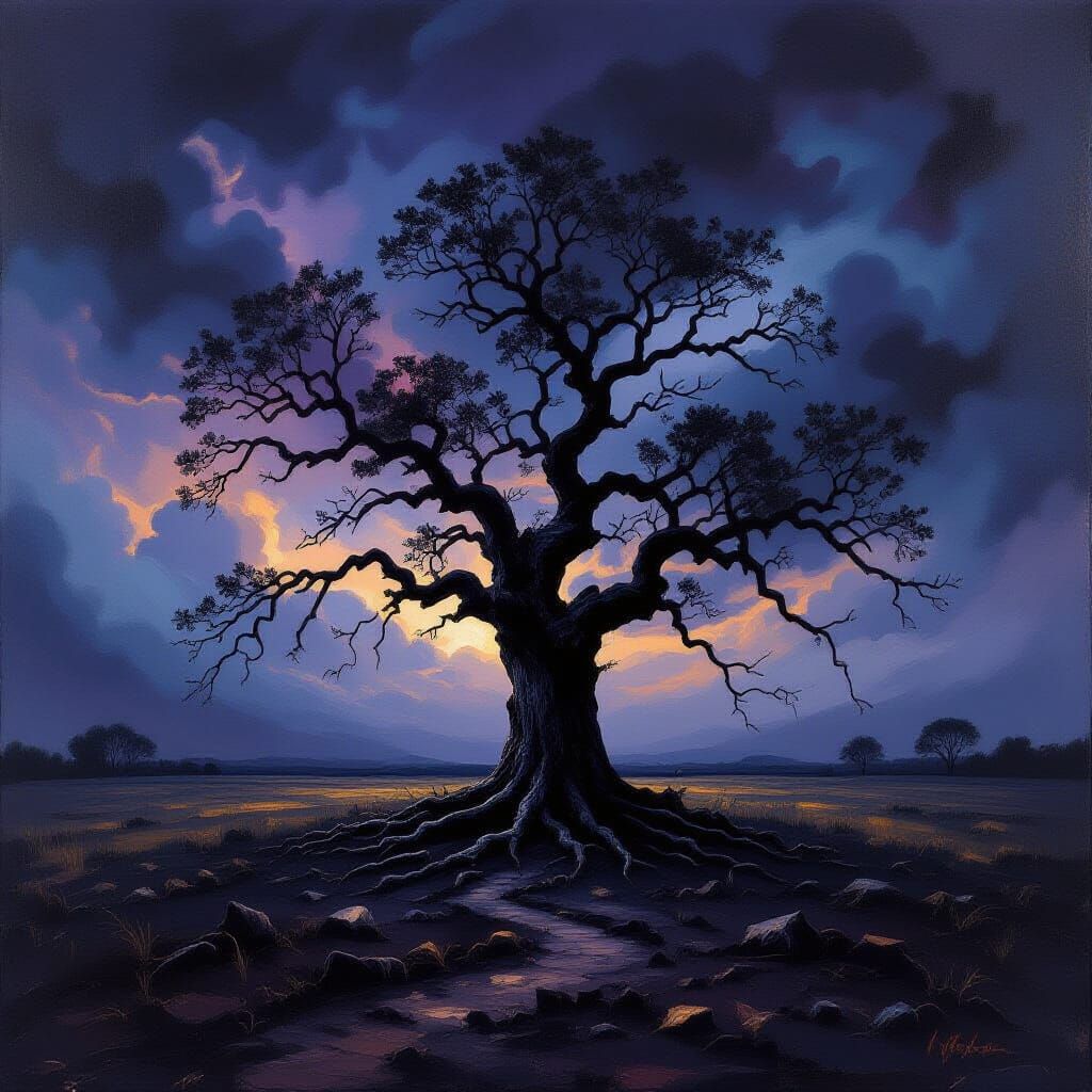 Ancient Oak Against Stormy Sky - Dark Expressionist Painting