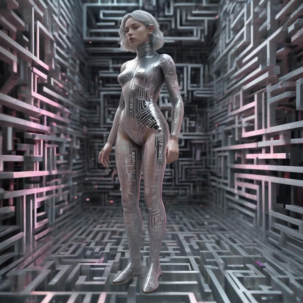 Ethereal Android Swaying Through Glitching Neon Labyrinth