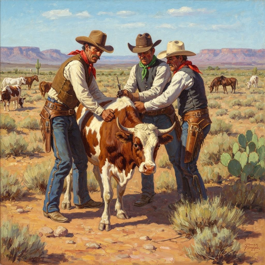Old West Cowboys Branding Cattle in Desert Landscape