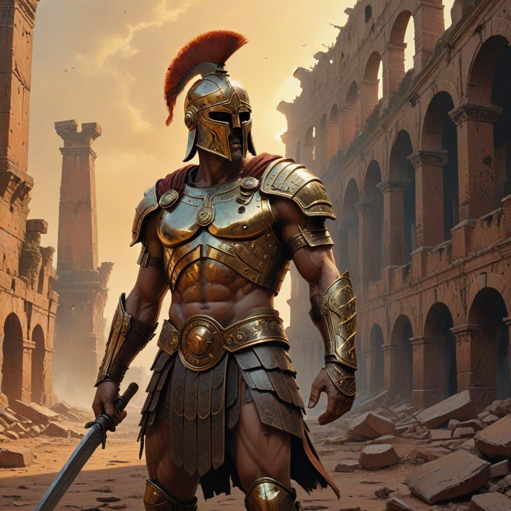 Roman Gladiator Maximus in the Coliseum, Triumphant with Swo...