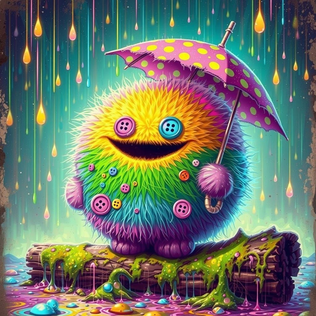 Mushroom Spirit with Striped Shirt in Post-Apocalyptic Scene