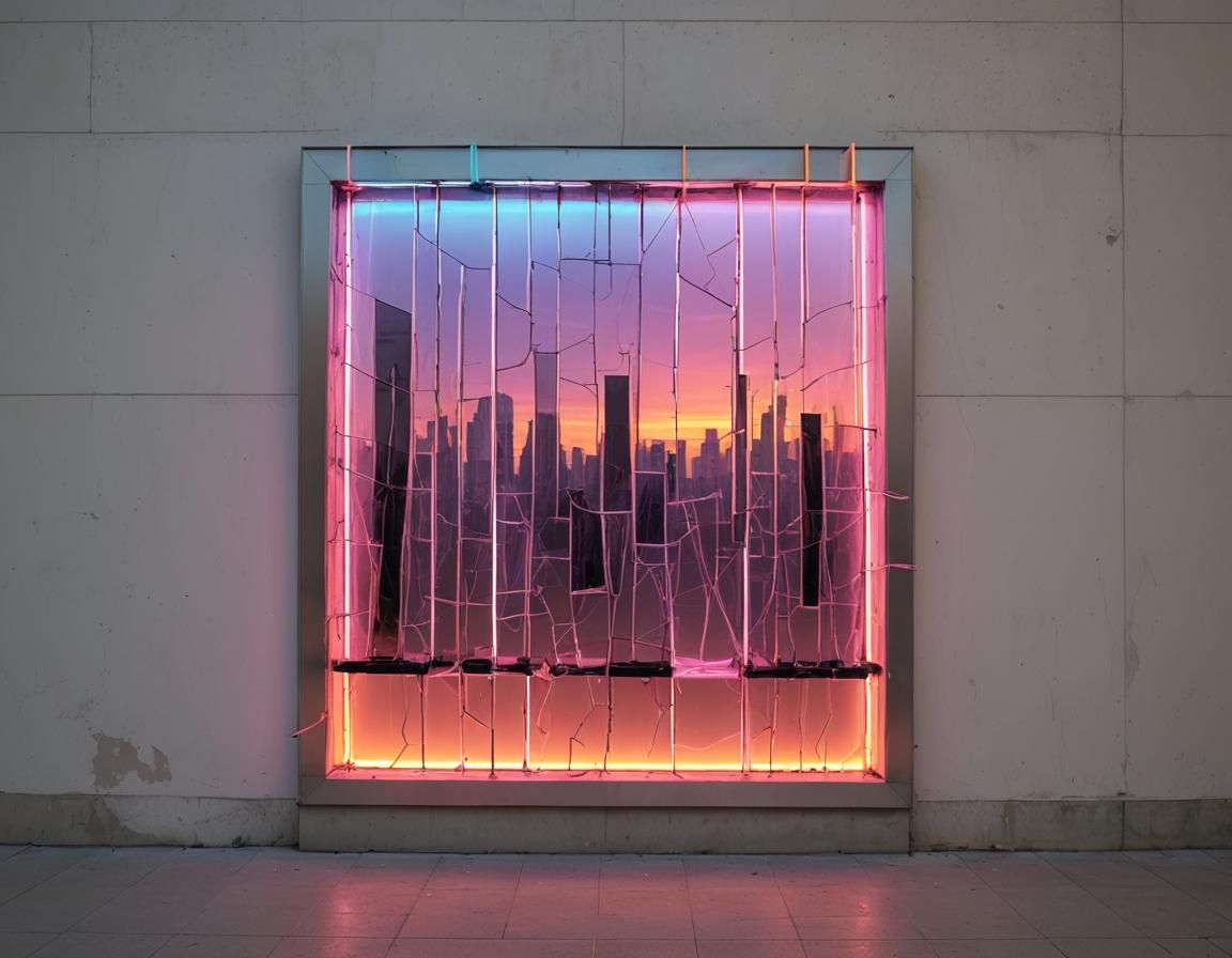 Cracked LCD Neon Sunset in Modern Art Gallery