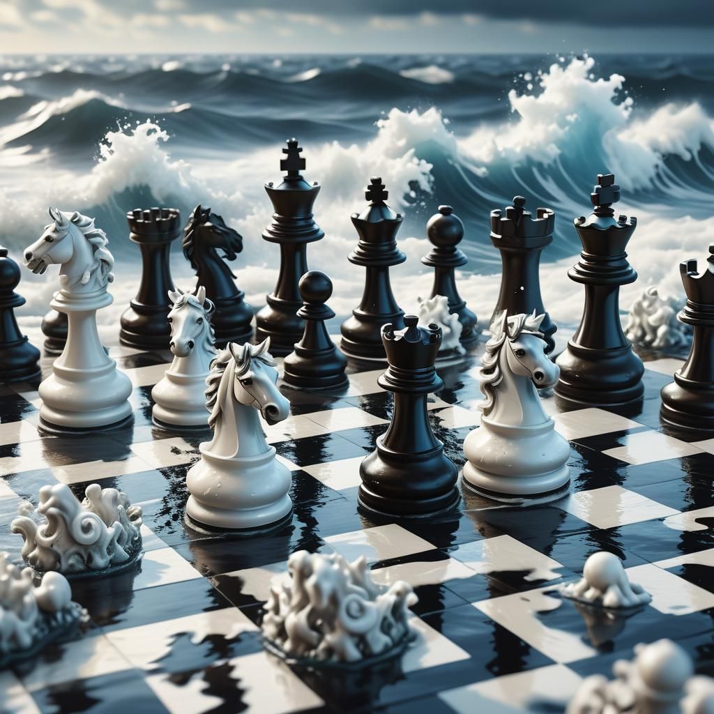 Chessboard with Horse Figures on Sea Waves