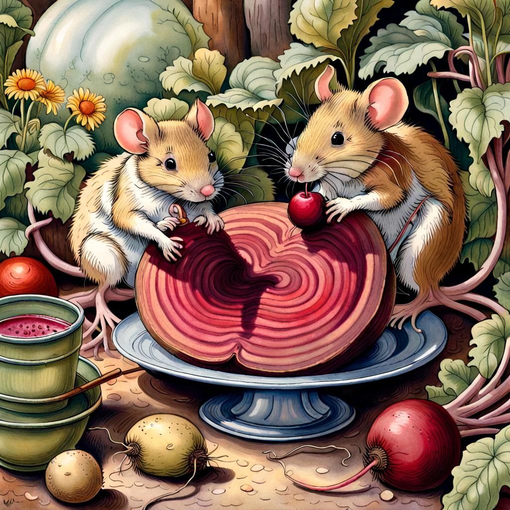 Mice in Beet Tuber Home, Pastel Illustration