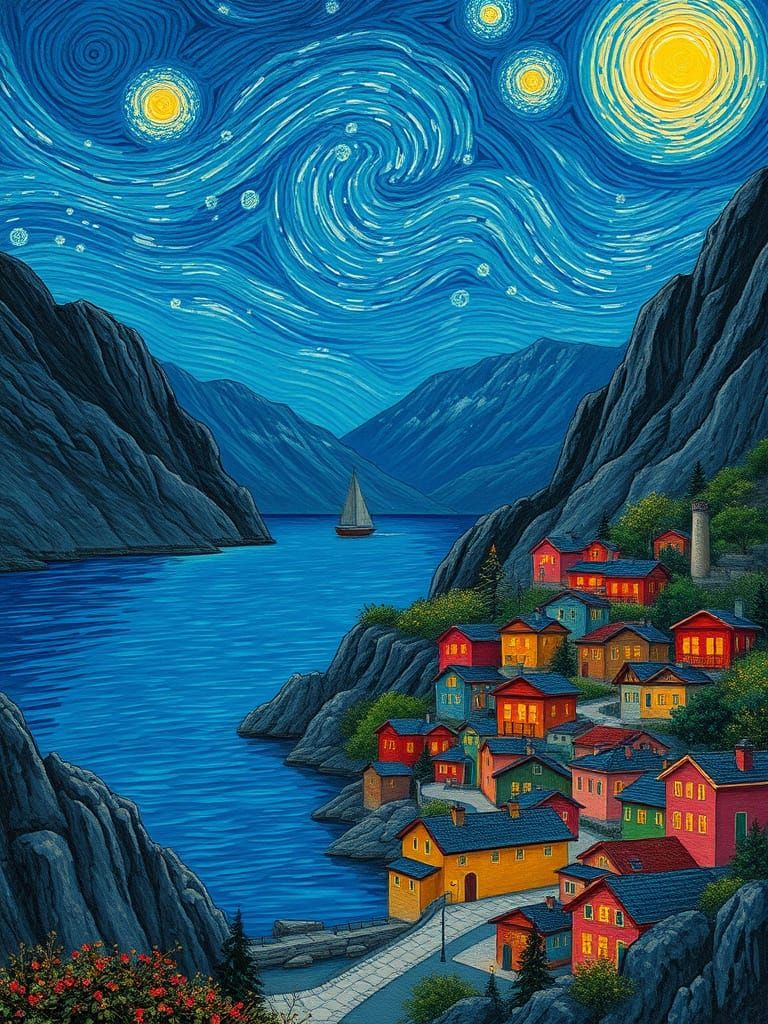 Quaint Sea Village in Vibrant Indigo Twilight