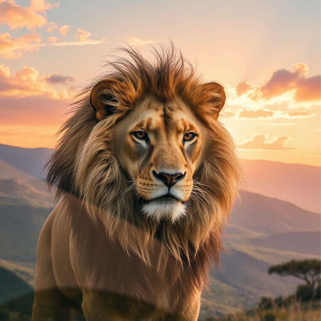Majestic Lion in Double Exposure Style