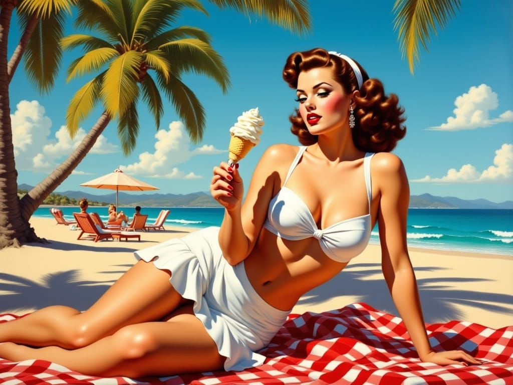 Beautiful Pinup Woman Relaxing on a Tropical Beach