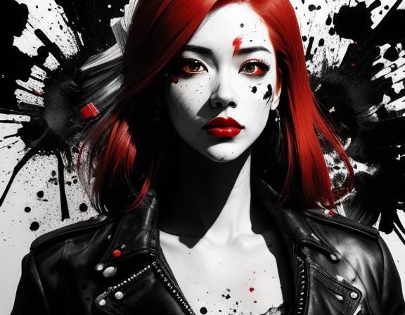 Redhead Biker Girl Portrait in Ink Splatter Style