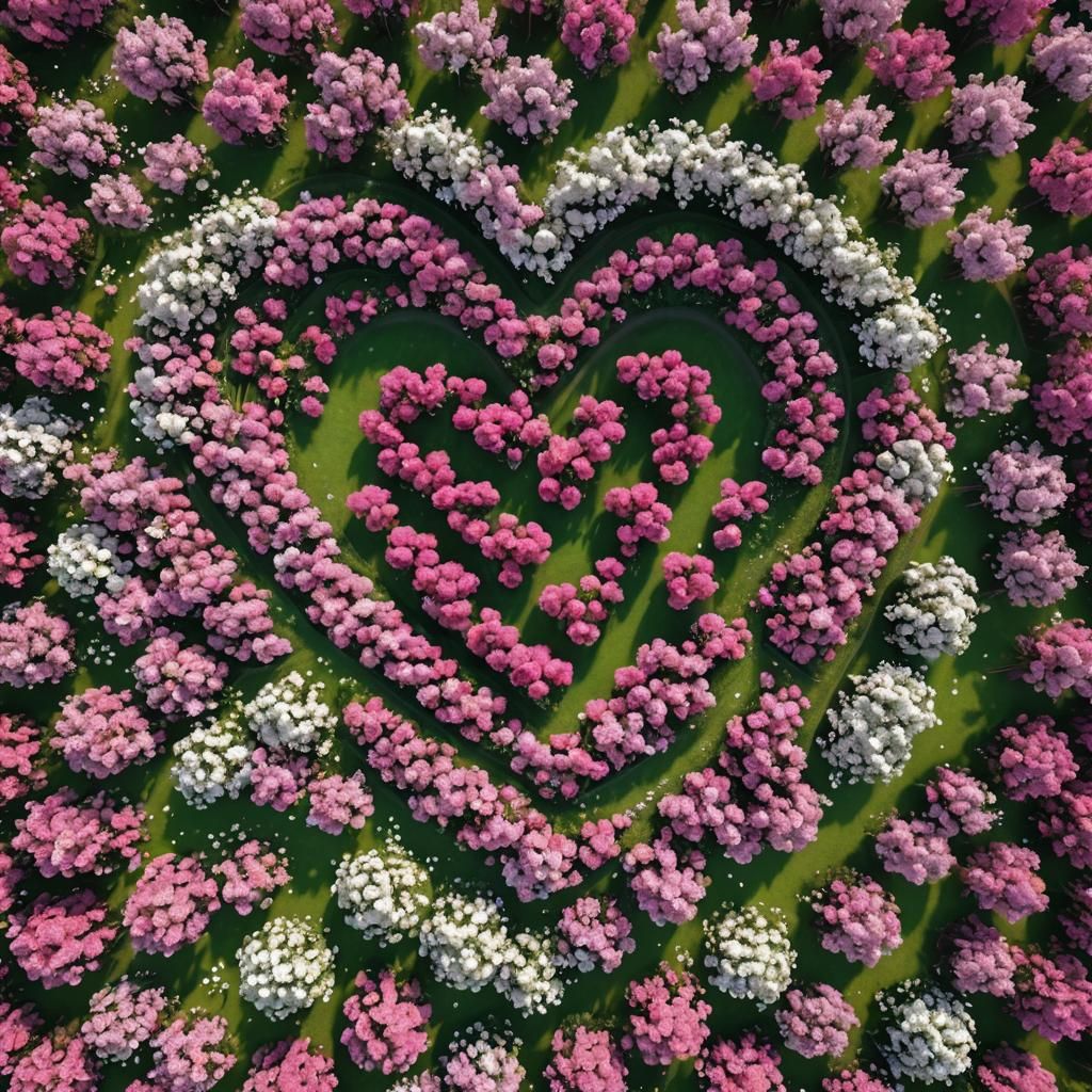 Heart-Shaped Pink Flower Field: Bird's Eye View