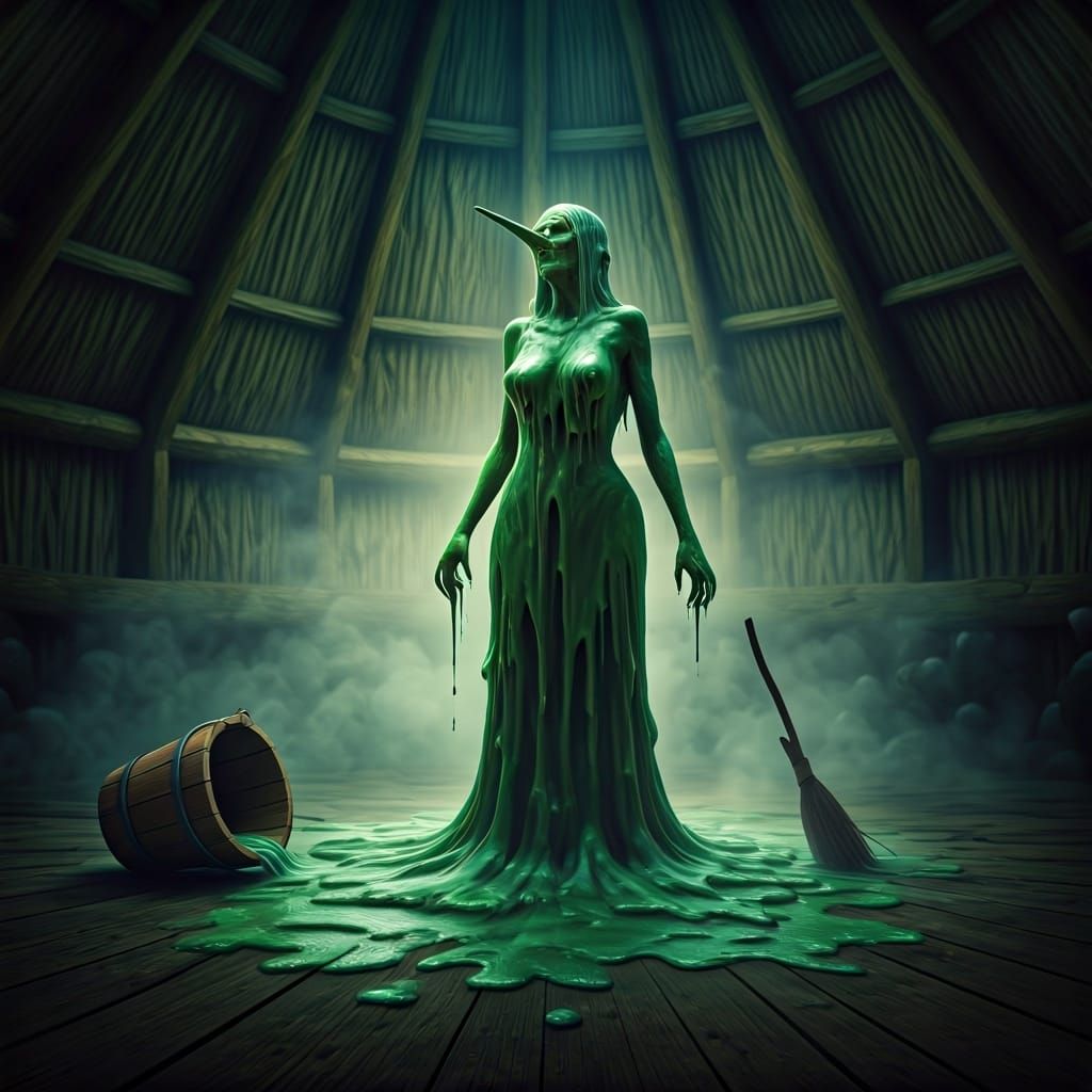 Melting Wax Witch in Spooky Hut: Digital Art