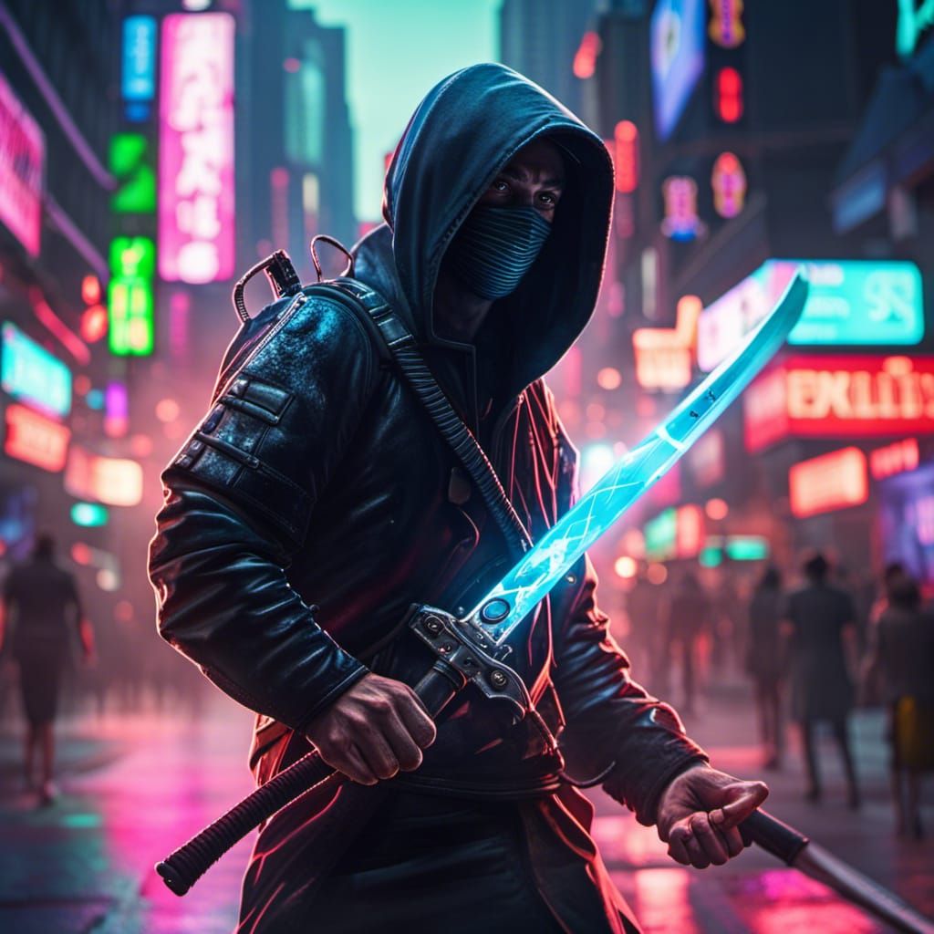Neon Japanese Street Ninja with Glowing Katana