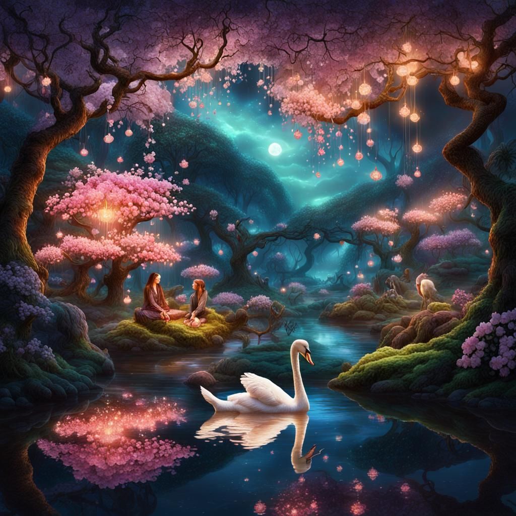 Magical Forest Garden with Swans and Blossoms