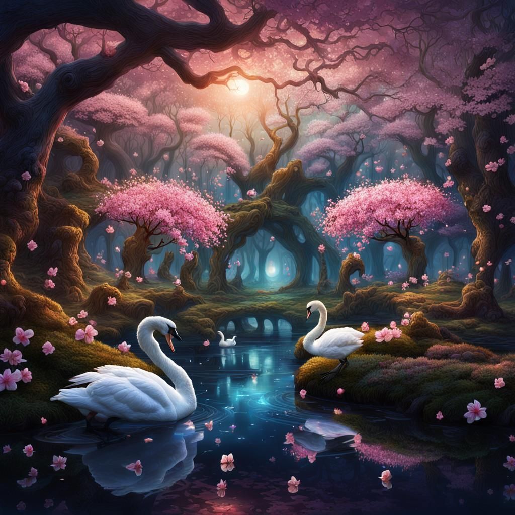 Magical Forest with Swans and Sleeping Woman