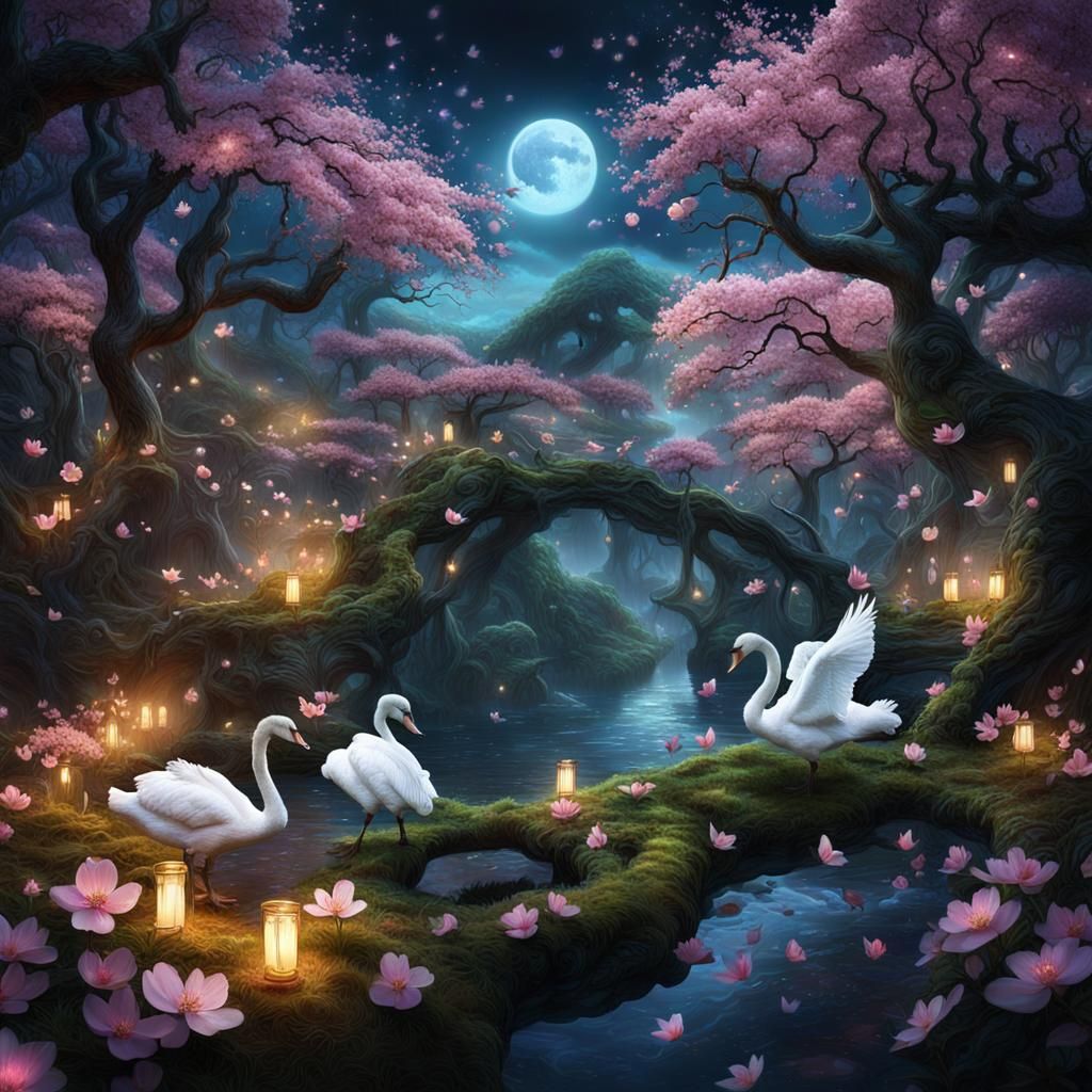 Magical Forest with Glowing Cherry Blossom, Detailed Matte P...