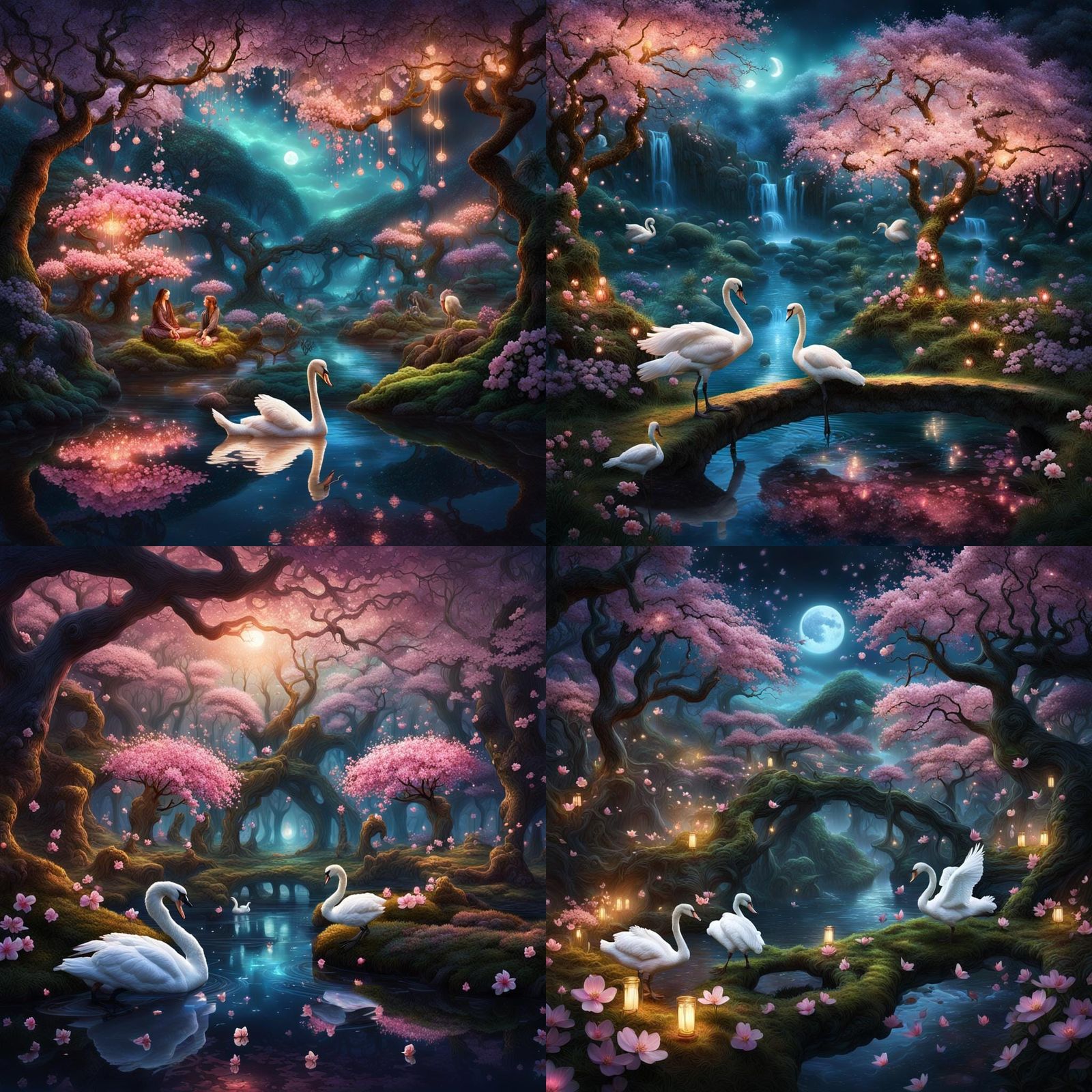Magical Forest Garden with Woman and Swans