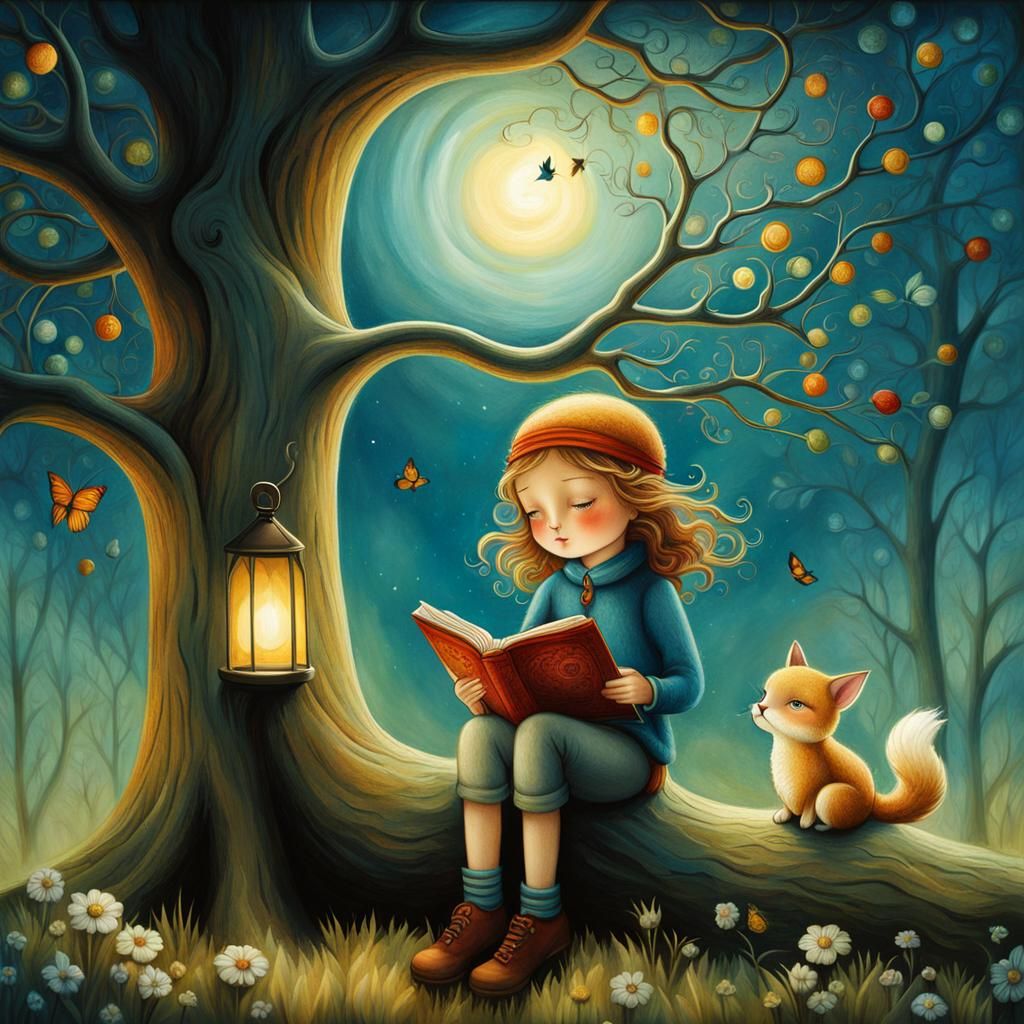 Boy on Branch: Detailed Digital Painting