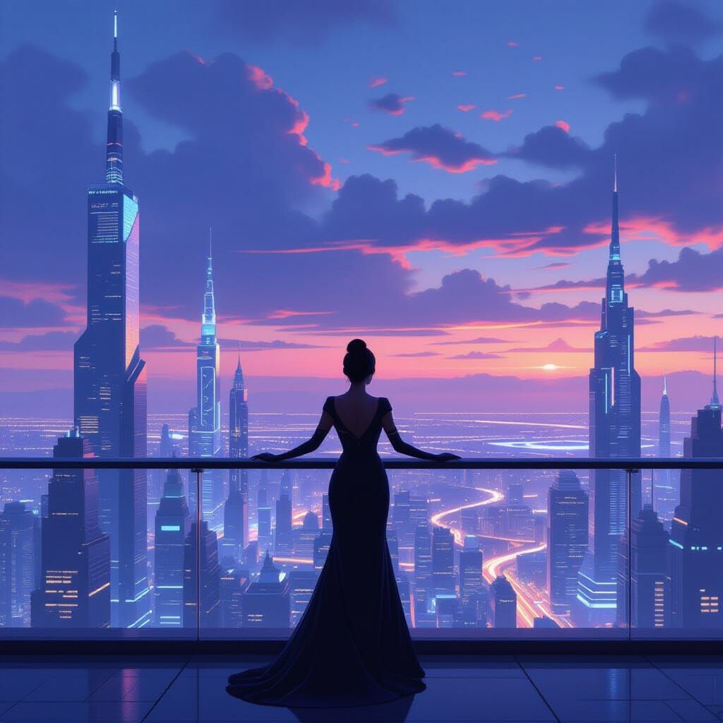 Woman Overlooks Futuristic City at Twilight