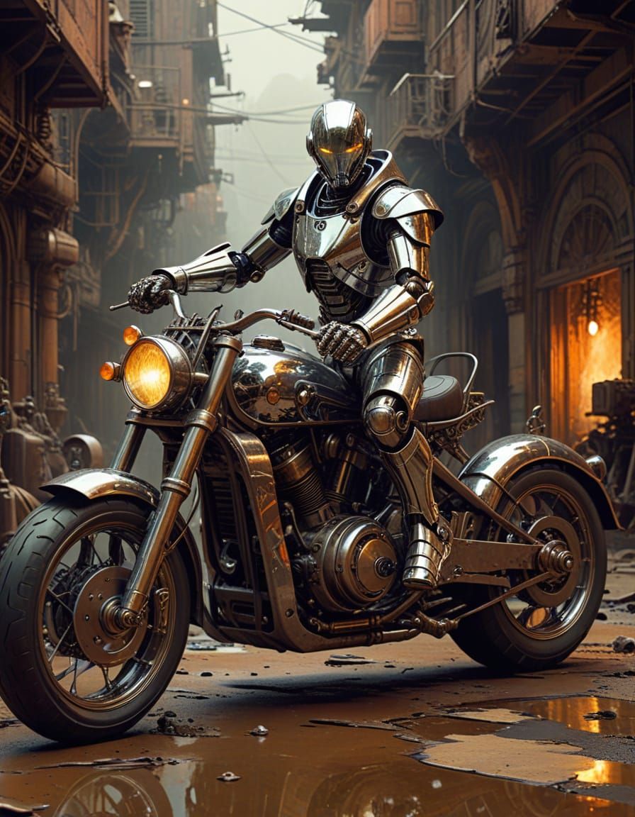 Steampunk Robot on Vintage Bike in Grunge Style