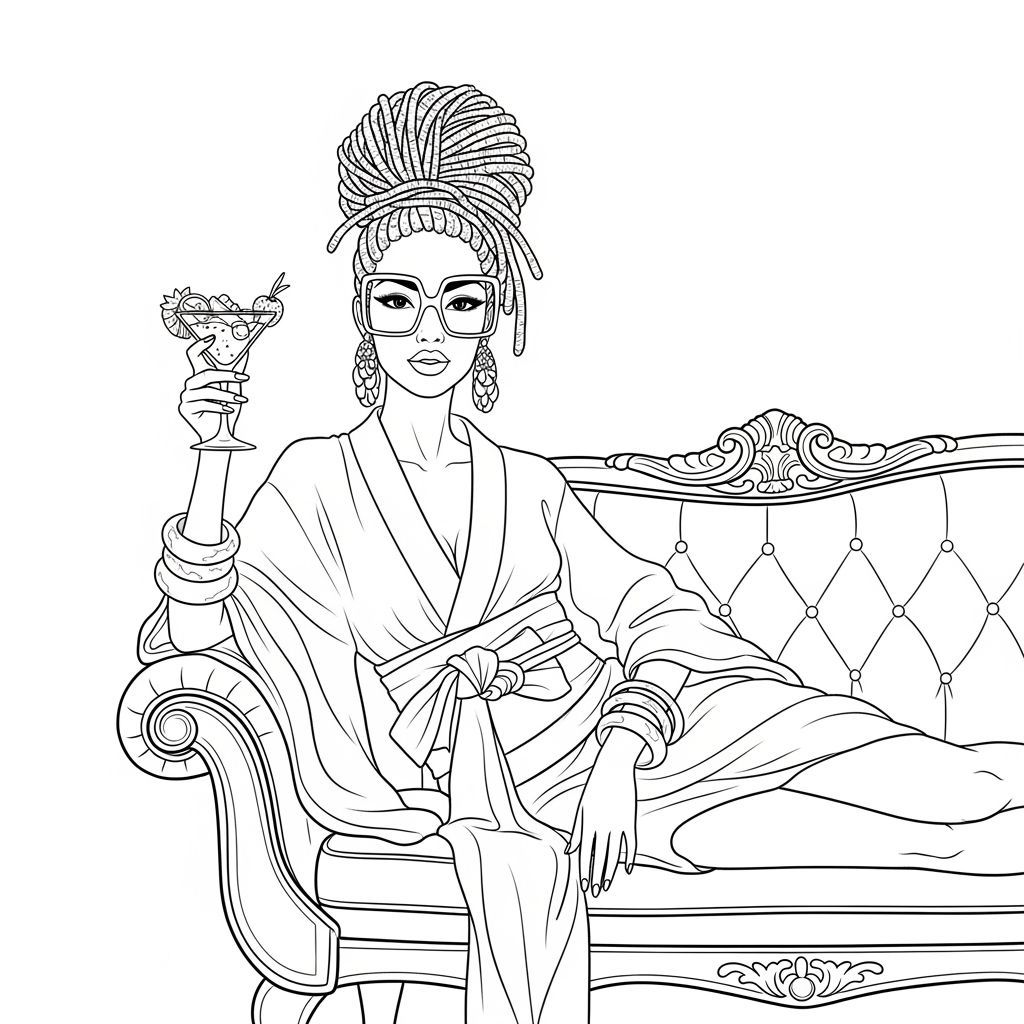 Glamorous Woman Smoking: Black and White Line Art