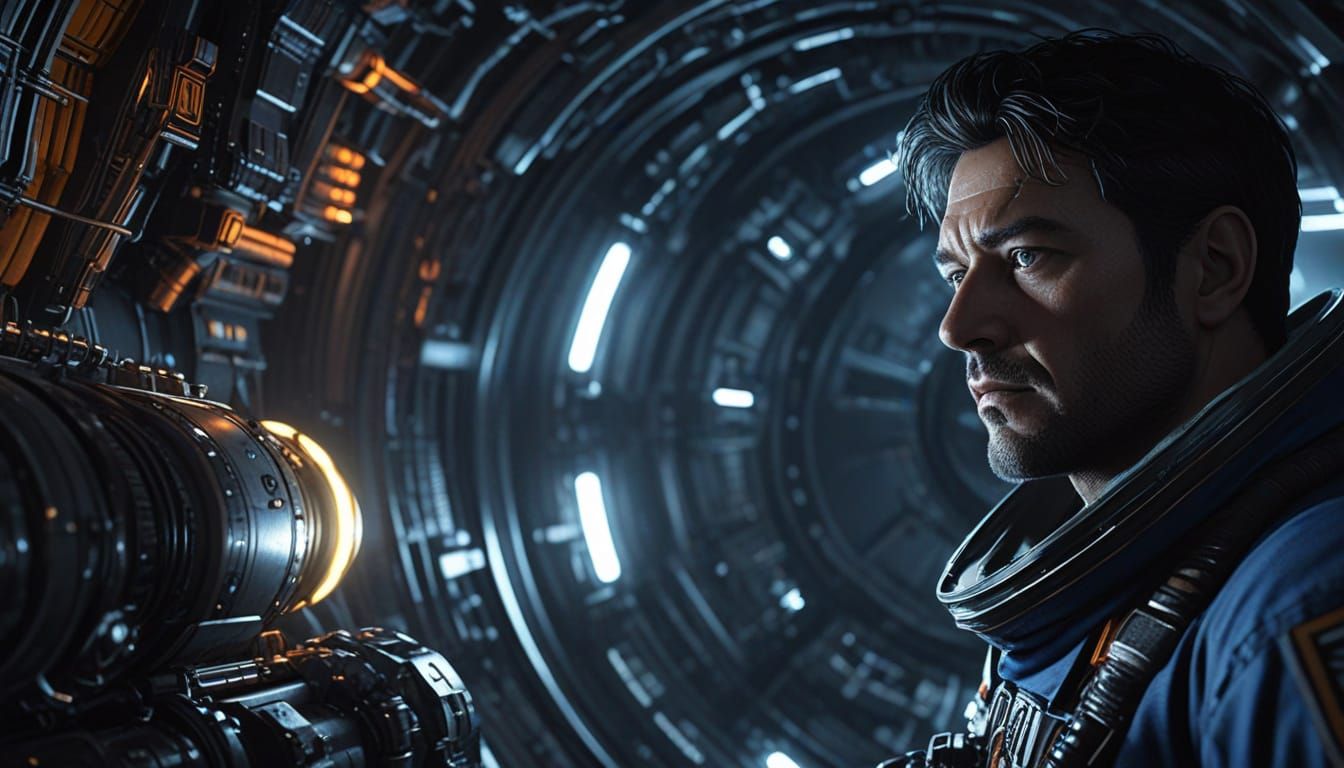 Sci-Fi Engineer Repairs Ship Engine with Plasma Torch